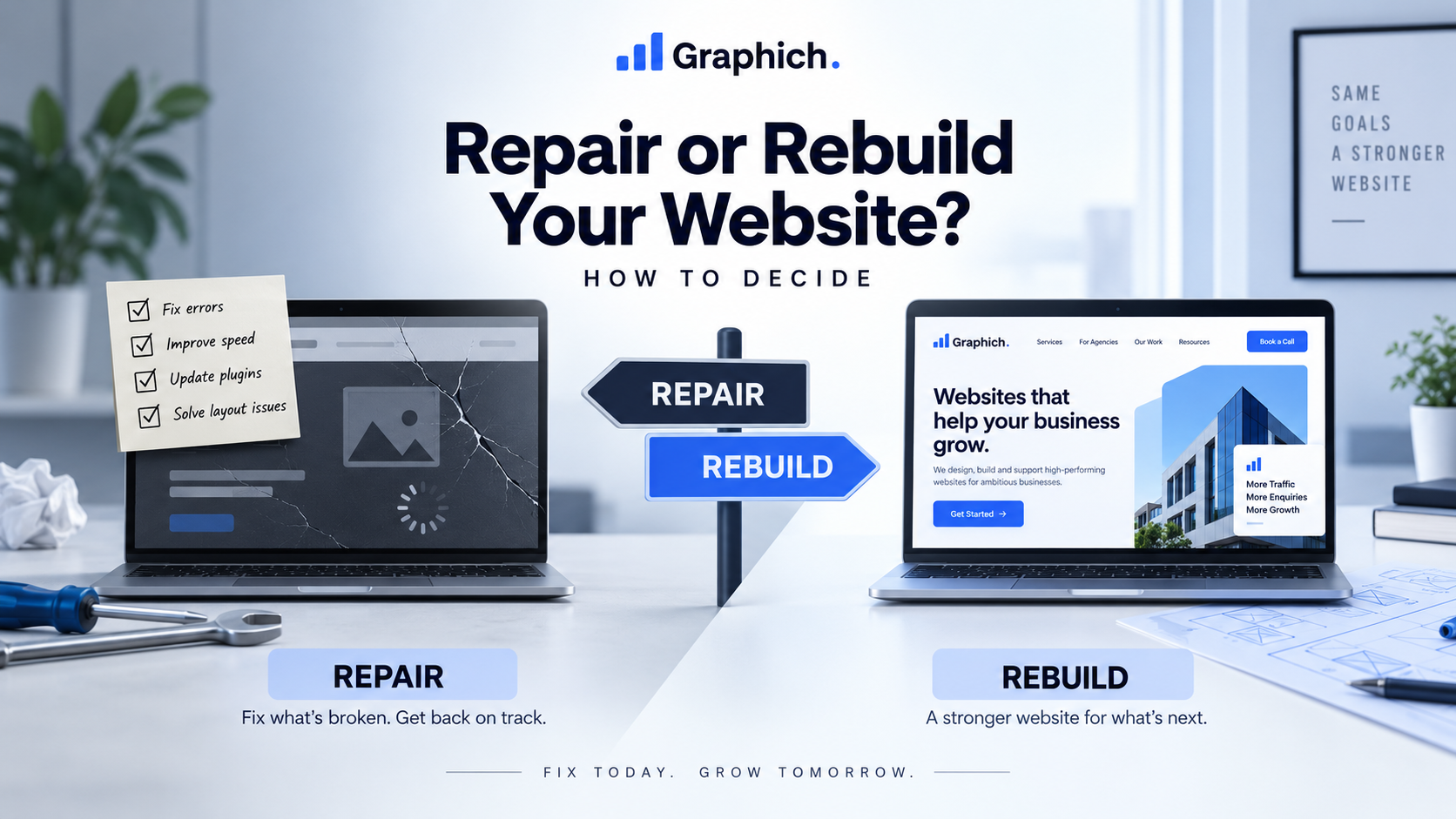Repair or rebuild website comparison showing website fixes and a full redesign option