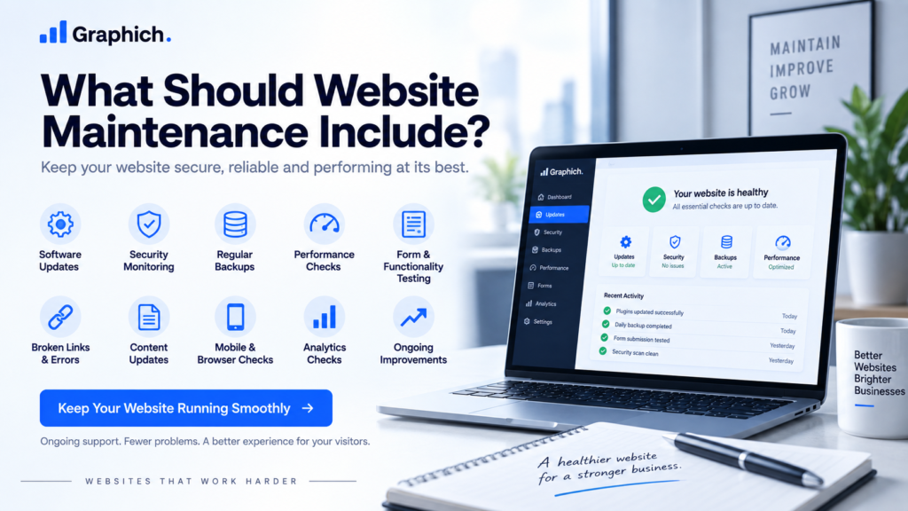 Website maintenance checklist covering updates, security, backups, performance and ongoing improvements